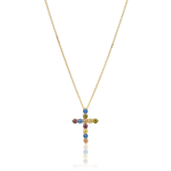 Belluno Croce  - 18k Gullpläterad, med multifärgade zirkoner Halskjede i gruppen Halskjede / Gullkjede hos SCANDINAVIAN JEWELRY DESIGN (SJ-N2394-XCZ-YG)