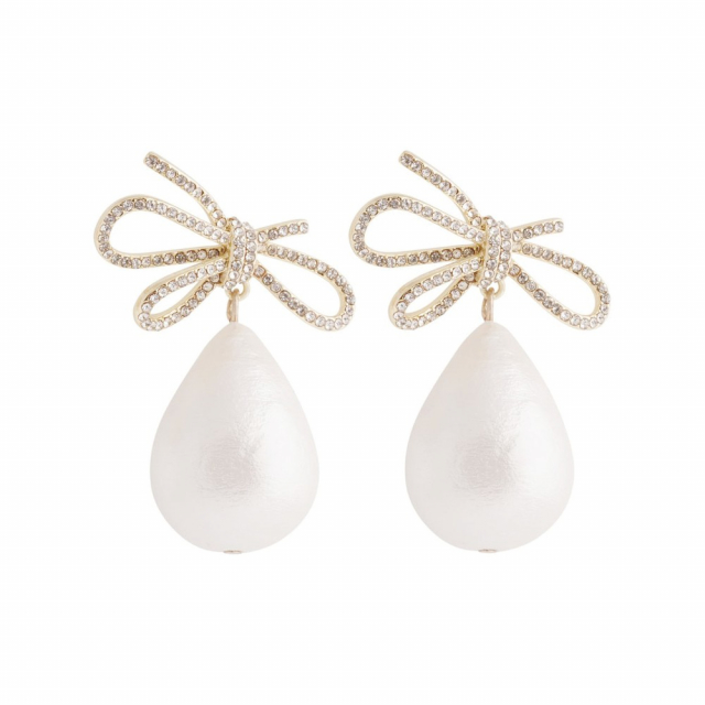 Ribbon crystal pearl Earrings Gold